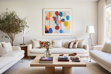 A light-filled living room with a minimalistic approach, featuring a neutral color palette enhanced by a lively interplay of colorful cushions and wall art