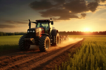 Tractor Plowing Field at Sunset