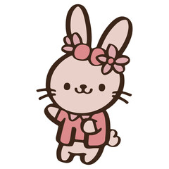 cute Cartoon rabbit wearing a pink coqutte shirt stand and wave hello. Easter day 