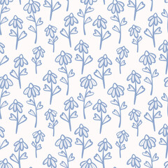 Cute daisy doodle pattern, seamless repeating backgorund, blue flower illustrations, spring print