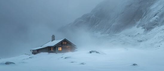 Norwegian cabin in a fierce mountain blizzard.