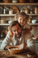 Little kid sitting on dad's shoulders in kitchen Wonder and Joy concept