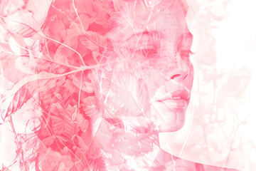 Surreal pink silhouette of young woman with leaves. Halftone light background using dots. Delicate texture for print. Double exposure effect