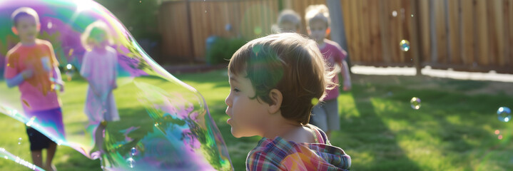 joyful children reach for soap bubbles, big and small soap bubbles fly Wonder and Joy concept - Powered by Adobe