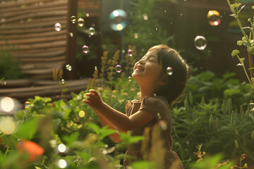 a happy child Having Fun In Garden Wonder and Joy concept