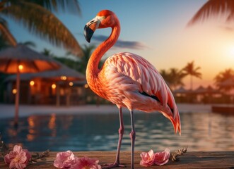 Pink flamingo standing in the water on a beautiful tropical beach.