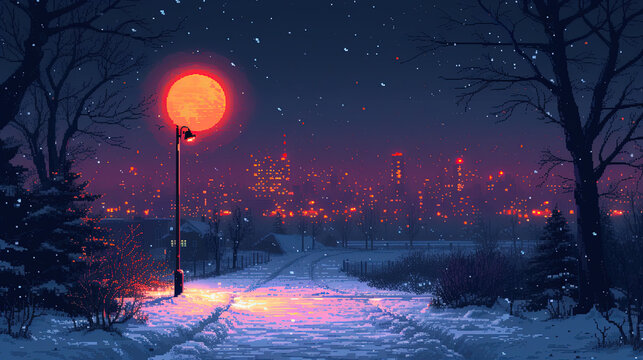 Huge red moon over the night city. Winter night, full moon, pixel art. AI generated
