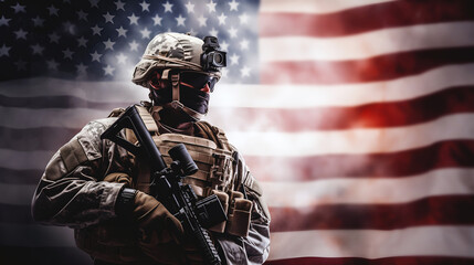soldier in the battle field saluting in front of the United States of America flag background. Memorial day and independence day concept.  AI Generative - obrazy, fototapety, plakaty