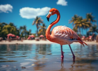 Pink flamingo standing in the water on a beautiful tropical beach.