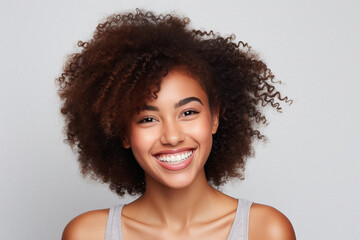 Studio portrait, 21-year-old black girl smiling, ai generated