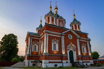 Ancient Cathedral of the Exaltation of the Holy Cross (1855) of the Brusensky Assumption Monastery close-up on a June twilight. Staraya Kolomna, Moscow region. Russia