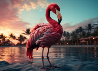Pink flamingo standing in the water on a beautiful tropical beach.