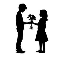 
little boy giving flower to little girl in silhouette
