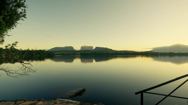 Kurun, Kusary and Kurawaik Tepuis stand across Carrao River, in Ucaima, part of Canaima National Park. Venezuela
