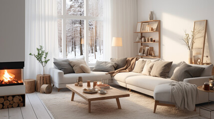A light-filled Scandinavian living room with a touch of hygge, featuring comfortable seating and warm lighting for a cozy ambiance