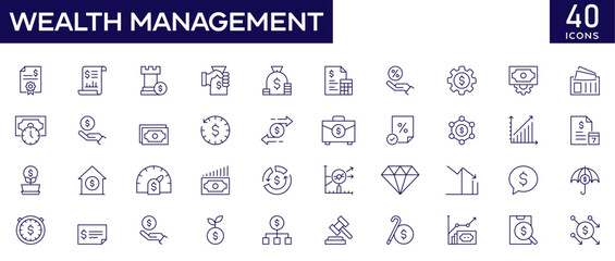 Wealth Management icons set with fully editable stroke thin line vector illustration with profit, economic, investment, assets, money, financial planning, banking, investment, portfolio, governance