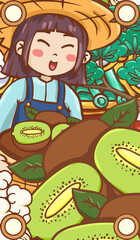 Original hand drawn cartoon fruit kiwi illustration poster
