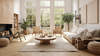 A light-filled Scandinavian living room with high ceilings, showcasing a mix of natural textures, such as a woven rug, a jute pendant light, and a wooden coffee table.