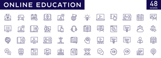 Online Education icons set with fully editable stroke thin line vector illustration with e-learning, online course, digital education, websites, video tutor, seminar, distance education, video course.