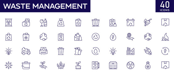 Waste Management icon set with fully editable stroke thin line vector illustration with garbage collection, recycle waste, paper glass, plastic, ecological recycling, industry, organic, green, sustain