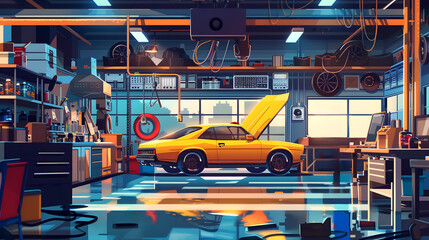 A yellow car is parked in a auto repair shop. Ai generated.