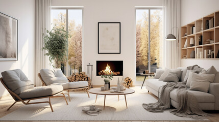 A light-filled Scandinavian living room with a touch of hygge, featuring comfortable seating and warm lighting for a cozy ambiance