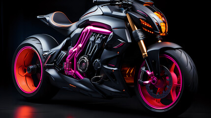 Futuristic Motorcycle with Neon Accents.
Sleek futuristic motorcycle featuring neon pink and orange accents, a must-have image for modern vehicle design concepts.