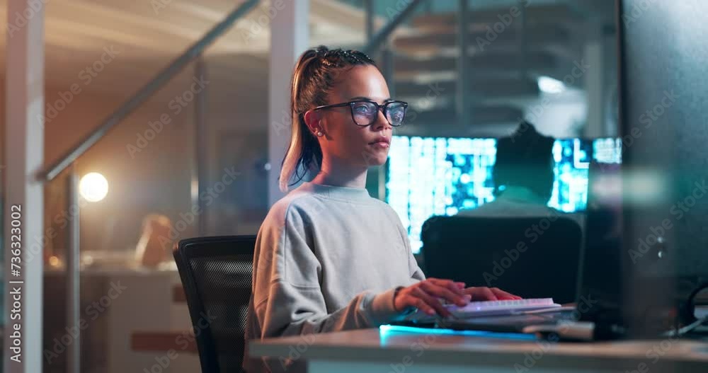 Poster Programmer, typing and woman on computer at night and writing code and thinking about information. IT, professional and person with analysis of software for cybersecurity and research for project
