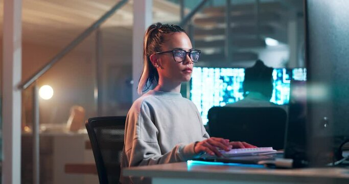 Programmer, typing and woman on computer at night and writing code and thinking about information. IT, professional and person with analysis of software for cybersecurity and research for project