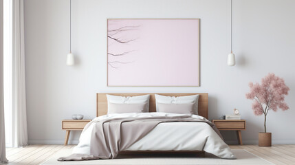 A minimalist bedroom with a blank white empty frame, showcasing a serene landscape photograph in...