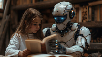 Innovative AI robot tutor helping a teenage boy with homework, they are reading books together, human-robot interaction concept,generative ai