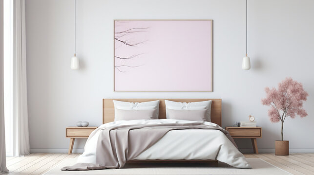 A minimalist bedroom with a blank white empty frame, showcasing a serene landscape photograph in soothing pastel tones.