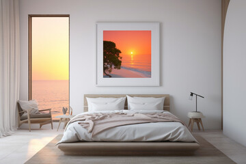 A minimalist bedroom with a pop of color from a blank white frame adorning the wall, reflecting the warm glow of sunset.