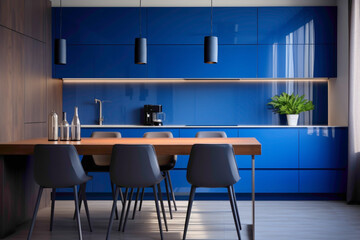 A minimalist kitchen characterized by a striking cobalt blue backsplash, adding a vibrant touch to an otherwise simple, neutral space.