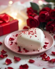 Heart-shaped Cake with White Frosting and Red Rose Petals on Pink Plate
