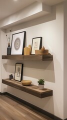 A floating shelf installation showcasing minimalist decor and artwork, enhancing the clean aesthetic of a modern interior.