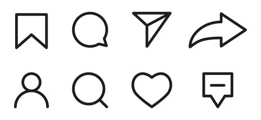 A set of linear social media interface icons, such as comments, share, save, like, search, send, message, and a person icon. - obrazy, fototapety, plakaty