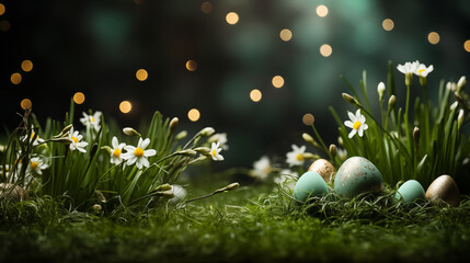 Easter eggs in grass with flowers in a dark environment with copy space, Generative AI - 736325619