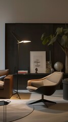 A sculptural floor lamp with adjustable arms and diffused LED lighting, illuminating a modern reading nook with soft, ambient glow.