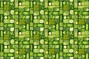 Seamless pattern of various green vegetables and slices, perfect for healthy food background