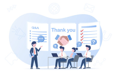 Business people meeting, discussion, data analysis, presentation, share and exchange information ask question and FAQ. Online connection, working together. Flat vector design illustration.
