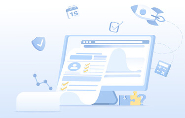 Online tax payment and checklist concept. Elements of income report, accounting, finance, income, tax deduction, return of the company's investment. Flat vector design illustration.