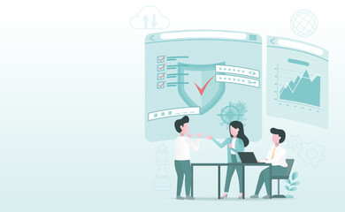 Business planning and discussing concept. Online meeting to protect data or anti virus. Connect, exchange, share information, solve problem, improve and develop. Flat vector design illustration.