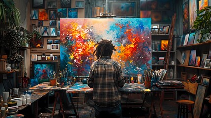 A creative painter using a graphic tablet and digital brushes to create a captivating digital artwork on a high-resolution monitor in an artistic studio space
