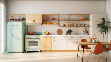 A minimalist kitchen featuring white cabinets, light wood accents, and colorful retro-inspired appliances.