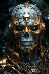 A robot with a skull face dons a pair of headphones as it immerses itself in creating a symphony of futuristic noise.