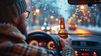 A man is seen driving a car while holding a beer. - obrazy, fototapety, plakaty