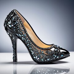 Fototapeta premium a captivating shot of Cinderella's black glass shoe with sparkling glitters by ai generated
