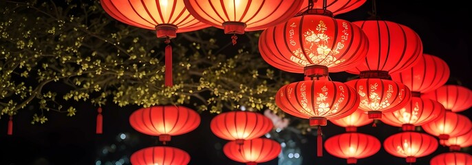 中国の旧正月（春節）の景色、たくさんの赤い提灯が賑わいを醸し出している - obrazy, fototapety, plakaty