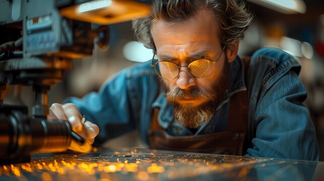 A creative sculptor using a laser cutter and digital design software to create precise and intricate patterns on a sheet of metal in an industrial workshop